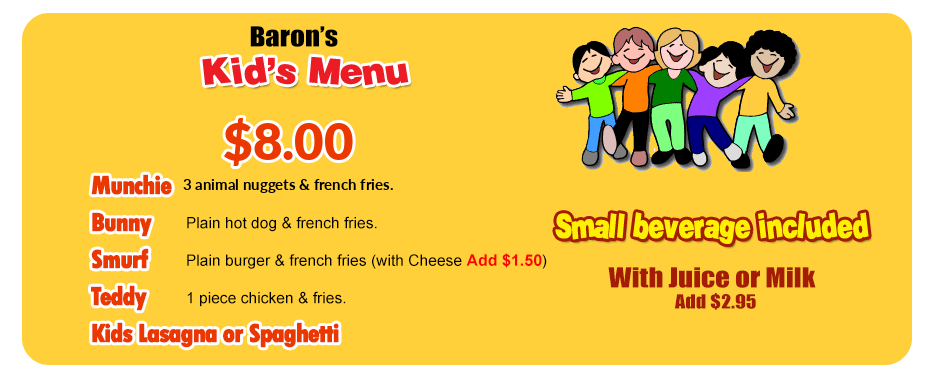 Burger Baron Valleyview kids menu